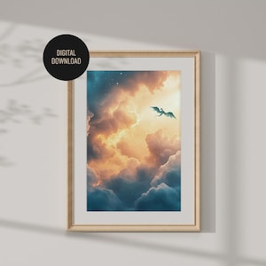 Fantasy Dragon Art  &quot;Dragon in the skies&quot;, Gothic Wall Decor, Moonlit Sky, Surreal Cloud Aesthetic - DIGITAL DOWNLOAD