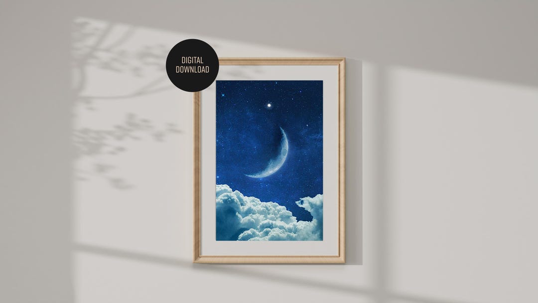 Celestial Moon & Clouds Art Print – Dreamy Night Sky Wall Decor ...