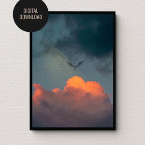 Dragon at Dusk Wall Art | Fantasy Dragon Print | Dark Cloud Aesthetic | Fantasy Room Decor - DIGITAL DOWNLOAD