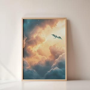 Fantasy Dragon Art  &quot;Dragon in the skies&quot;, Celestial Wall Decor, Moonlit Sky, Surreal Cloud Aesthetic - Colour