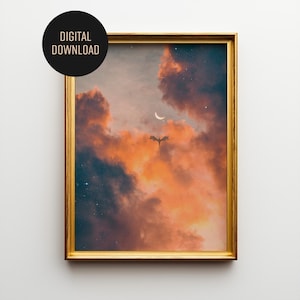 Fantasy Dragon Art  &quot;Fire Dragon&quot;, Celestial Wall Decor, Sunset Sky, Surreal Cloud Aesthetic - DIGITAL DOWNLOAD