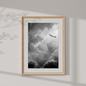Fantasy Dragon Art  &quot;Dragon in the skies&quot;, Gothic Wall Decor, Moonlit Sky, Surreal Cloud Aesthetic - Black and white