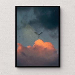 Dragon at Dusk Wall Art | Fantasy Dragon Print | Dark Cloud Aesthetic | Fantasy Room Decor