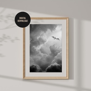 Fantasy Dragon Art  &quot;Dragon in the skies&quot;, Gothic Wall Decor, Moonlit Sky, Surreal Cloud Aesthetic - Black and white - DIGITAL DOWNLOAD