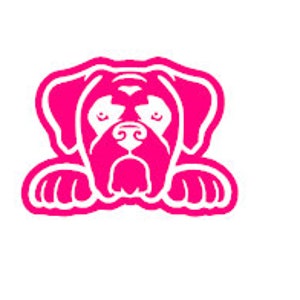 May include: A bright pink graphic of a Boxer dog's face and paws, with a white outline. The dog's face is centered, with its paws extending from the bottom. The image is on a white background.