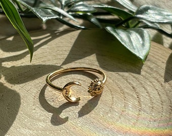 Verstelbare ring maan en zon | Sieradenset voor haar | Roestvrij staal met 18K goudlaag, in maat verstelbare ring | Ideaal cadeau voor haar