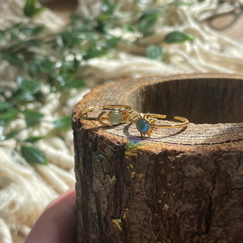 Anello regolabile SET LUNA E SOLE Set di anelli per lei gioielli placcati in oro Pietra opale immagine 9