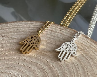 Collier Hamsa | Pendentif main de Fatıma | Mauvais œil | Bijoux en or et argent en acier inoxydable | Cadeau pour Bayram/Aïd | Collier Main de Fatima