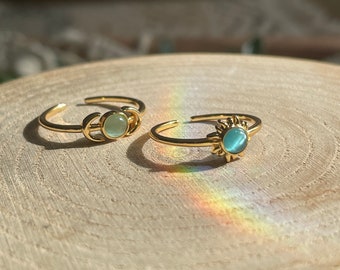 Adjustable ring SET MOON & SUN | Ring Set for her | gold plated jewelry | Opal stone