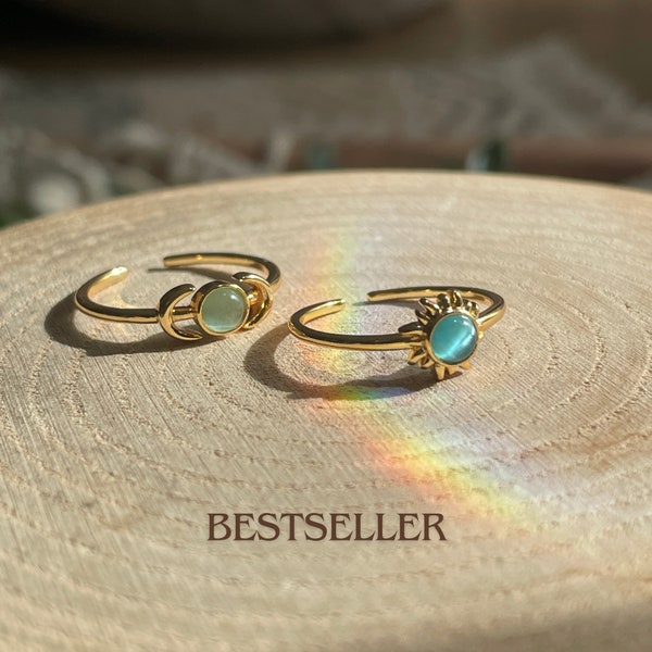 Adjustable ring SET MOON & SUN | Ring Set for her | gold plated jewelry | Opal stone