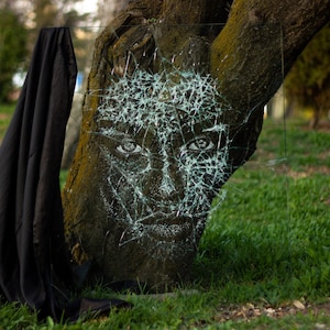 May include: A black cloth drapes over a tree trunk with a face drawn on it in white paint. The face is covered in a web-like pattern of cracks, creating a unique and artistic effect.