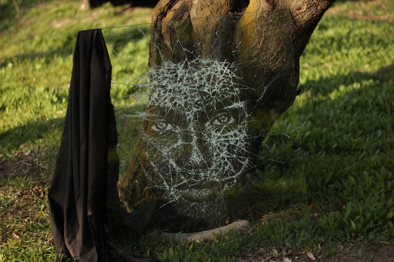 May include: A close-up of a tree trunk with a face drawn on a piece of glass that has been broken into a spiderweb pattern. The glass is leaning against the tree trunk and is partially obscured by a black cloth.