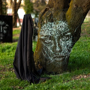 May include: A white face drawn on a tree trunk with broken glass shards covering the face. The glass is arranged in a web-like pattern. A black cloth is draped over the tree trunk.