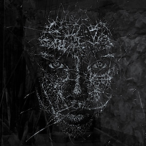 May include: A black and white image of a face obscured by a cracked glass surface. The face is partially visible through the cracks, with the eyes and mouth being the most prominent features.