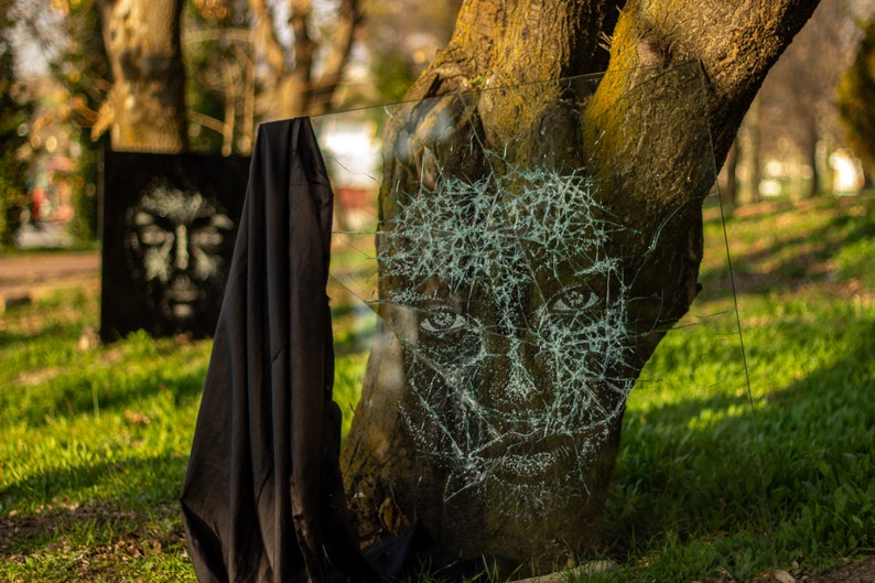 May include: A cracked glass panel with a white face drawn on it is leaning against a tree trunk in a park. The glass is broken into many small pieces, creating a spiderweb effect. The face is partially obscured by the broken glass.