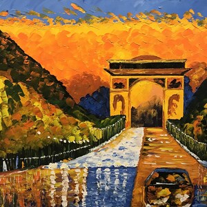May include: A painting of a yellow archway with a road leading to it. The archway is set against a backdrop of orange and blue mountains. The sky is a vibrant orange and blue.