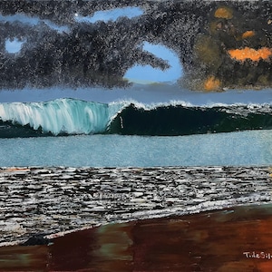 May include: An oil painting depicts a dramatic ocean scene. A large, turquoise wave crests under a dark, stormy sky with hints of blue and orange. The foreground shows a sandy beach with dark, textured water.