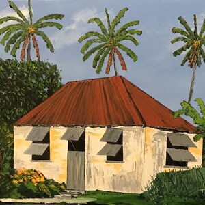 May include: A painting of a white house with a red roof and gray shutters. The house is surrounded by palm trees and green foliage. A woman in a white hat and orange skirt stands in front of the house.