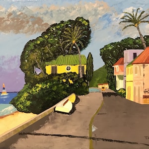 May include: A painting of a tropical scene with a yellow house, palm trees, and a sailboat in the distance. The house has a green roof and a yellow door. The palm trees are green and have brown trunks. The sailboat is white with a blue sail. The painting is done in a colorful style.