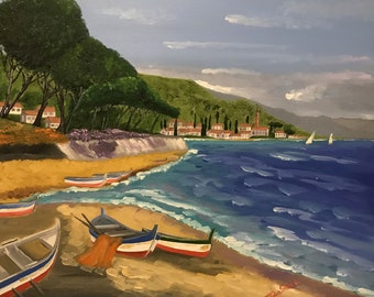 Vissersboten - One of a kind Intens impressionisme palletmes olieverfschilderij op canvas met vissersboten op een mediterraan strand