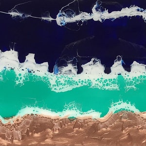 May include: Abstract ocean art piece featuring a dark blue sky, white foamy waves, turquoise water, and a brown sandy shore. The artwork is a long, horizontal piece, with a textured appearance, evoking a sense of the sea.