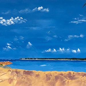 May include: A painting of a yellow beach house with a blue roof and a white door. The house is on a sandy beach with blue water in the background. There are white clouds in the sky and a palm tree in the foreground.
