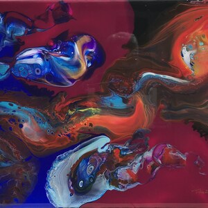 May include: Abstract painting with swirling colors of blue, red, orange, and black. The colors blend together to create a dynamic and energetic composition.