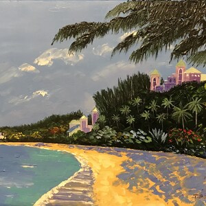 May include: A painting of a tropical beach scene with a sandy shore, turquoise water, and lush green foliage. In the distance, a cluster of pink buildings are visible on a hillside.