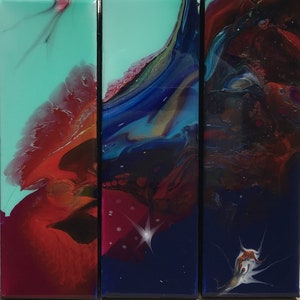 The Big Bang #7 triptych - unique acrylic pour on 3 x 12&quot; x 4&quot; canvases with resin coating depicting nebula type gases