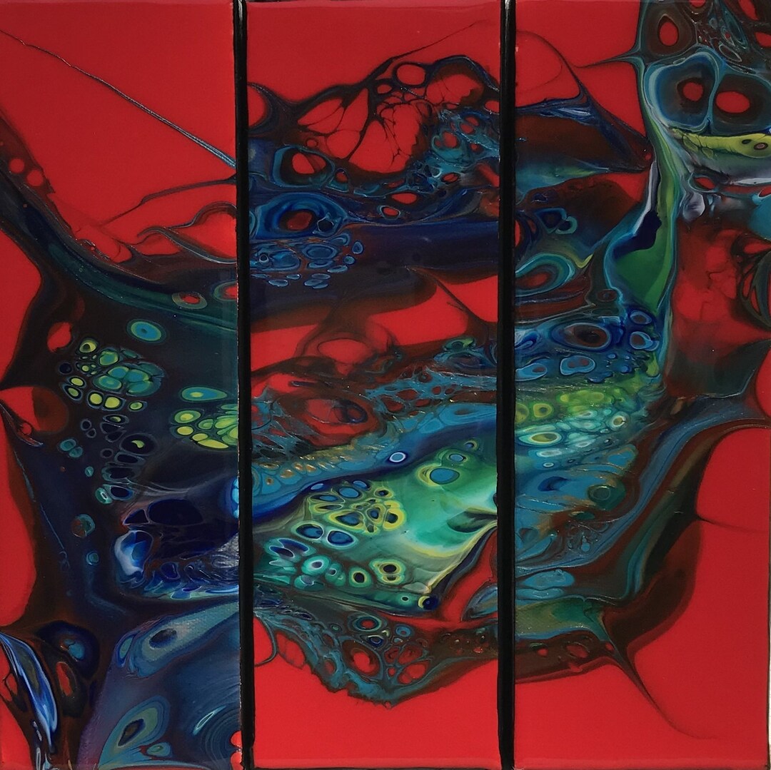 Red, Blue & Green Triptych - Unique Abstract Acrylic Pour on 3 Canvases ...