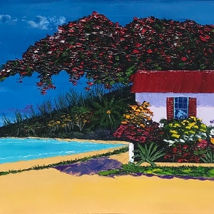 May include: A painting of a white house with a red roof and blue trim, surrounded by lush green foliage and flowers. The house is situated on a sandy beach with turquoise water in the background. The sky is a bright blue with white clouds.