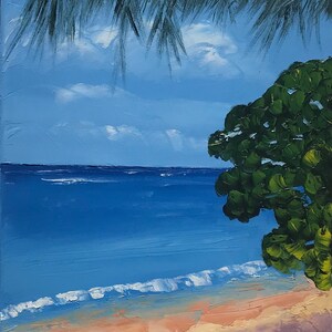 May include: A painting of a beach scene with a blue sky, white clouds, a blue ocean, white waves, and a sandy beach. A green tree is in the foreground, partially obscuring the view of the beach. The artist's signature, "T. de Silvia", is in the bottom right corner.