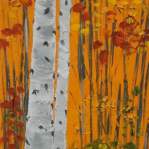 Birches - Colorful one of a kind palette knife oil on canvas depicting the trunks of birch trees in the foreground with autumn foliage