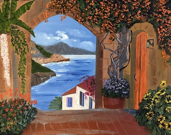 Mediterranean vista - One of a kind Impressionism oil painting on canvas depicting the view of the Mediterranean through a courtyard