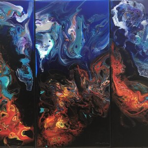 May include: Abstract triptych painting with swirling blue, red, orange, and yellow paint on a black background.