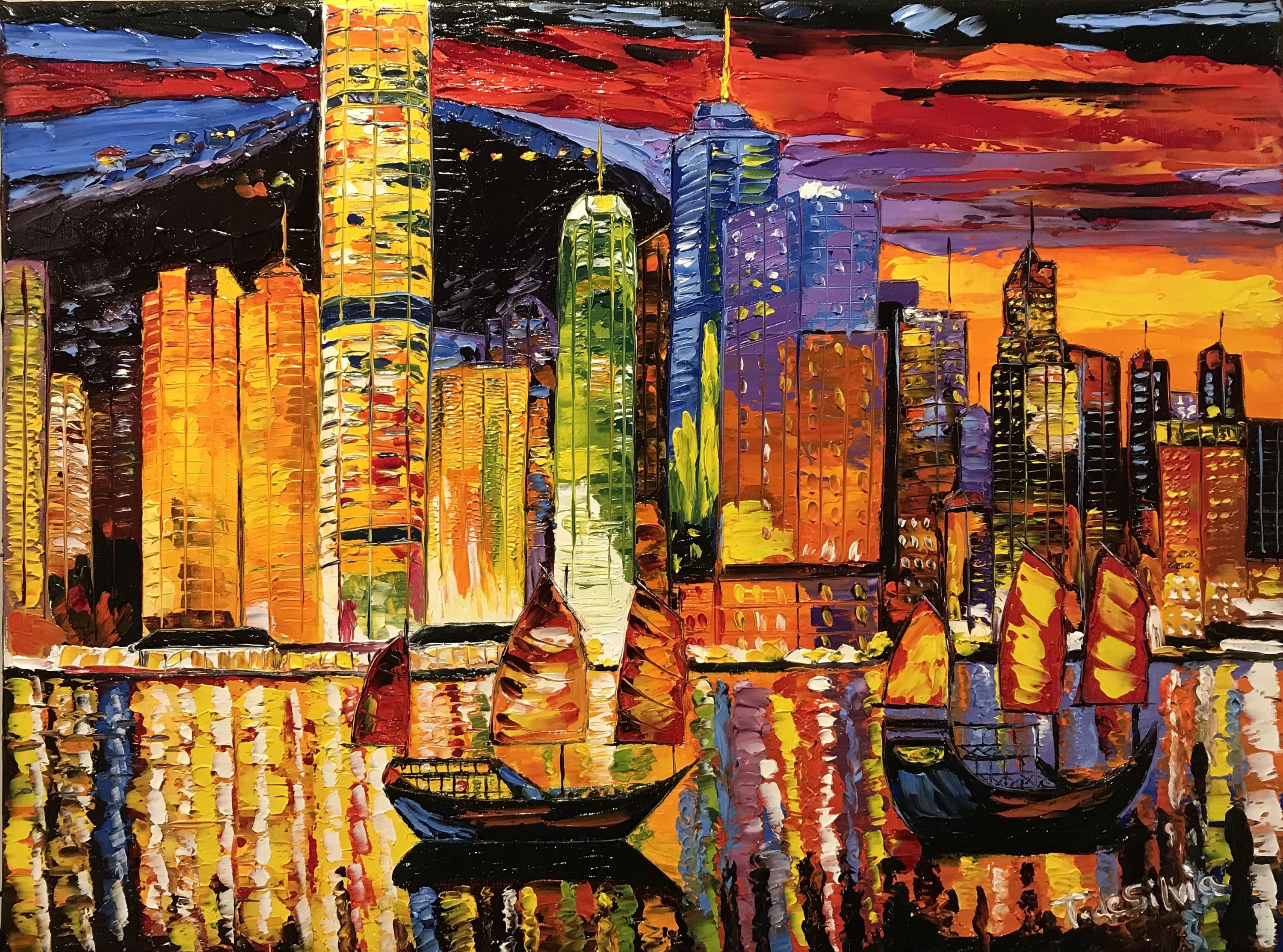 Hong Kong Sunset Impresionante impresionismo intenso cuchillo de paleta