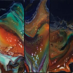 The Big Bang #8 triptych - unique acrylic pour on 3 x 12&quot; x 4&quot; small canvases with resin coating depicting nebula type gases