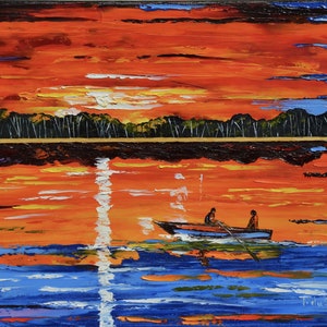 May include: A painting of a sunset over a lake with two people in a boat. The sky is a vibrant orange and red, with streaks of white clouds. The water is a deep blue, reflecting the colors of the sky. The boat is small and white, with two figures in it. The painting is done in a loose, impressionistic style.