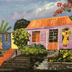 May include: A painting of a purple house with a yellow door and a woman holding a colorful umbrella standing in front of it. The house has a red roof and is surrounded by green trees and bushes. There are red stairs leading up to the house.