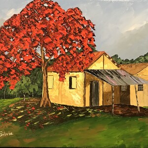 May include: A painting of a yellow house with a red roof and a large red tree in front of it. The house has a porch with a metal roof. The tree is in full bloom and has many red flowers. The painting is signed "T. de Silvie".