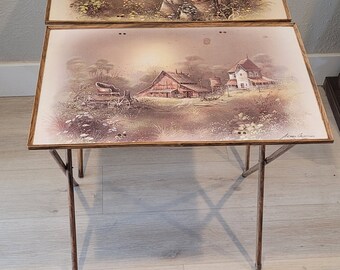 Vintage Andres Orpinas TV Trays, MCM Art TV Trays, Woodgrain Tv Trays, Country Art Tv Trays