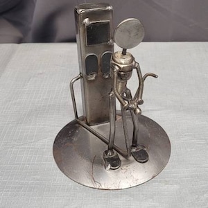 Novica Recycled Metal Art Man Pumping Gas, Vintage Metal Sculpture, Gas Pump Art