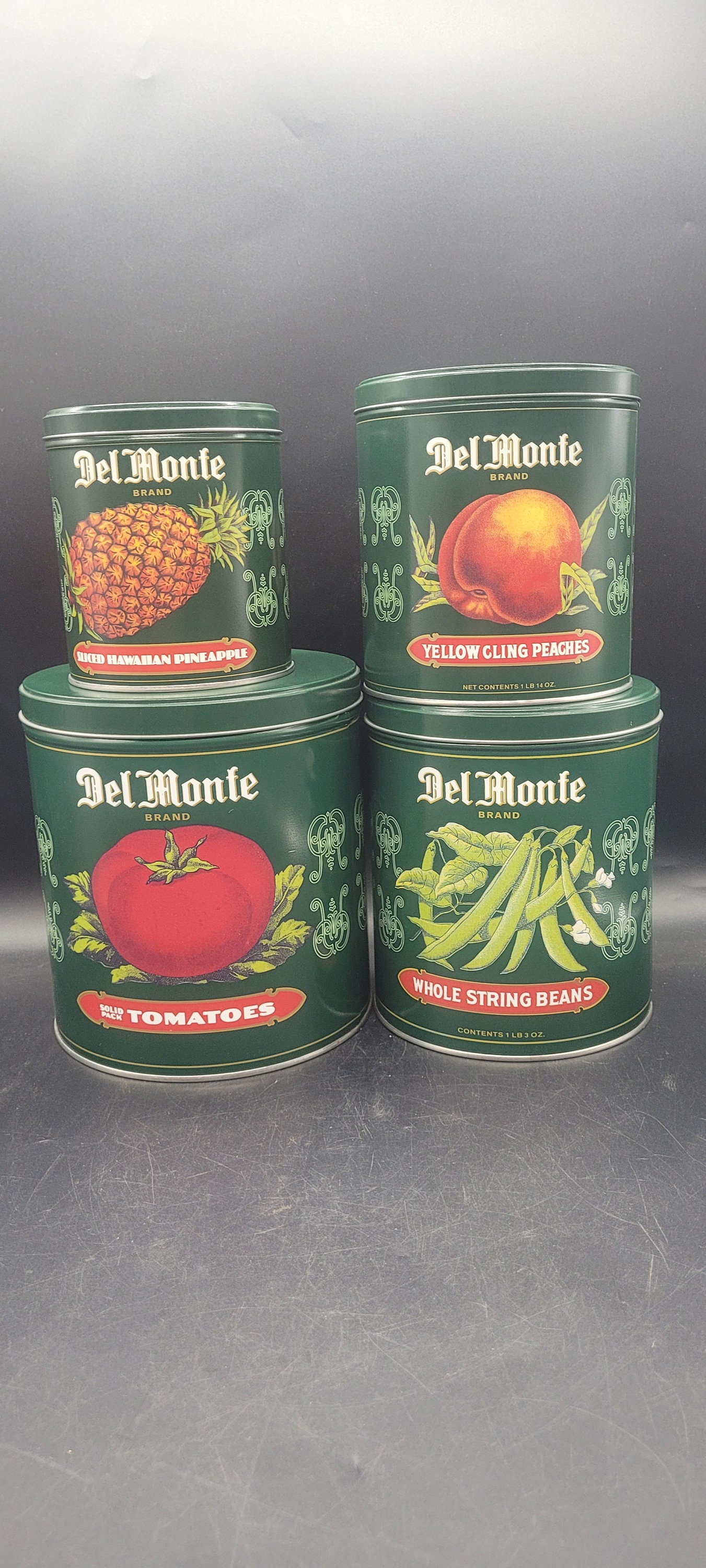 Vintage Style Del Monte Tin Cans with Fruit, Veggie Litho