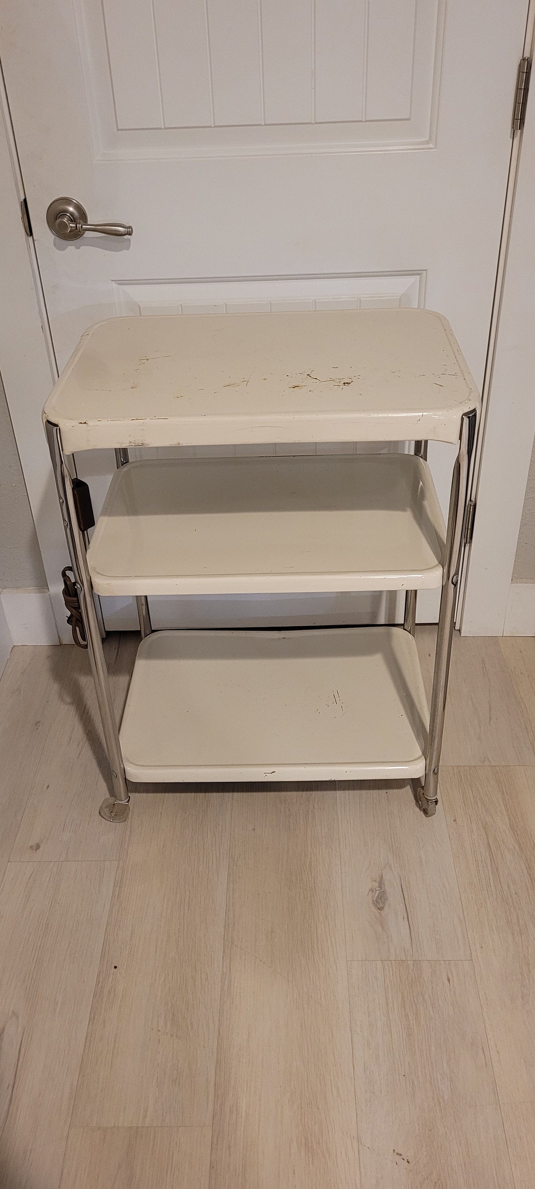 Vintage Cosco White 3 Tier Rolling Cart With Electrical Plug, Vintage