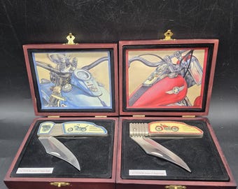 Vintage Twin-Cam Motorcycle Collector Knives, Display Boxes, Motorcycle Knives in Display Case