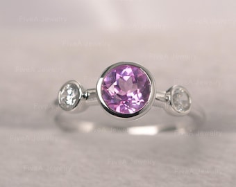 Pink Sapphire Ring White Gold Personalized ring Round Cut Three Stone Ring