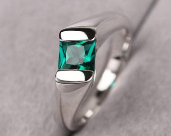 Smaragd Minimalist Verlobungsring Princess Cut Sterling Silber Einzigartige Twist Mai Geburtsstein Ring