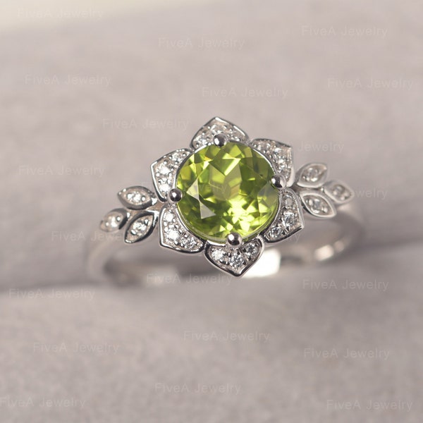 Vintage Peridot Wedding Ring White Gold Round Cut August Birthstone Flower Ring for Mom