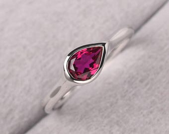 Anillo minimalista de rubí con sello en forma de lágrima y piedra natal de julio, delicado anillo de bodas.