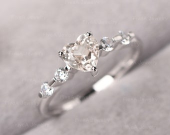 Heart Shaped Morganite Wedding Ring 14k White Gold Unique Bar Setting Promise Ring